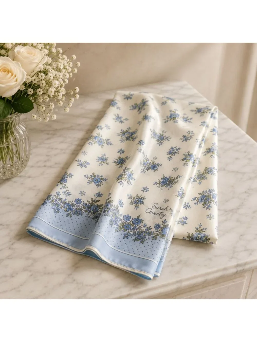 Vintage Sarah Coventry Scarf Blue Floral Cream Lightweight Neck Wrap 10x48
